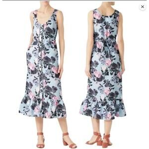 NICHOLAS Linen Floral Midi Dress Womens Button Front Ruffle Hem Blue Size 2